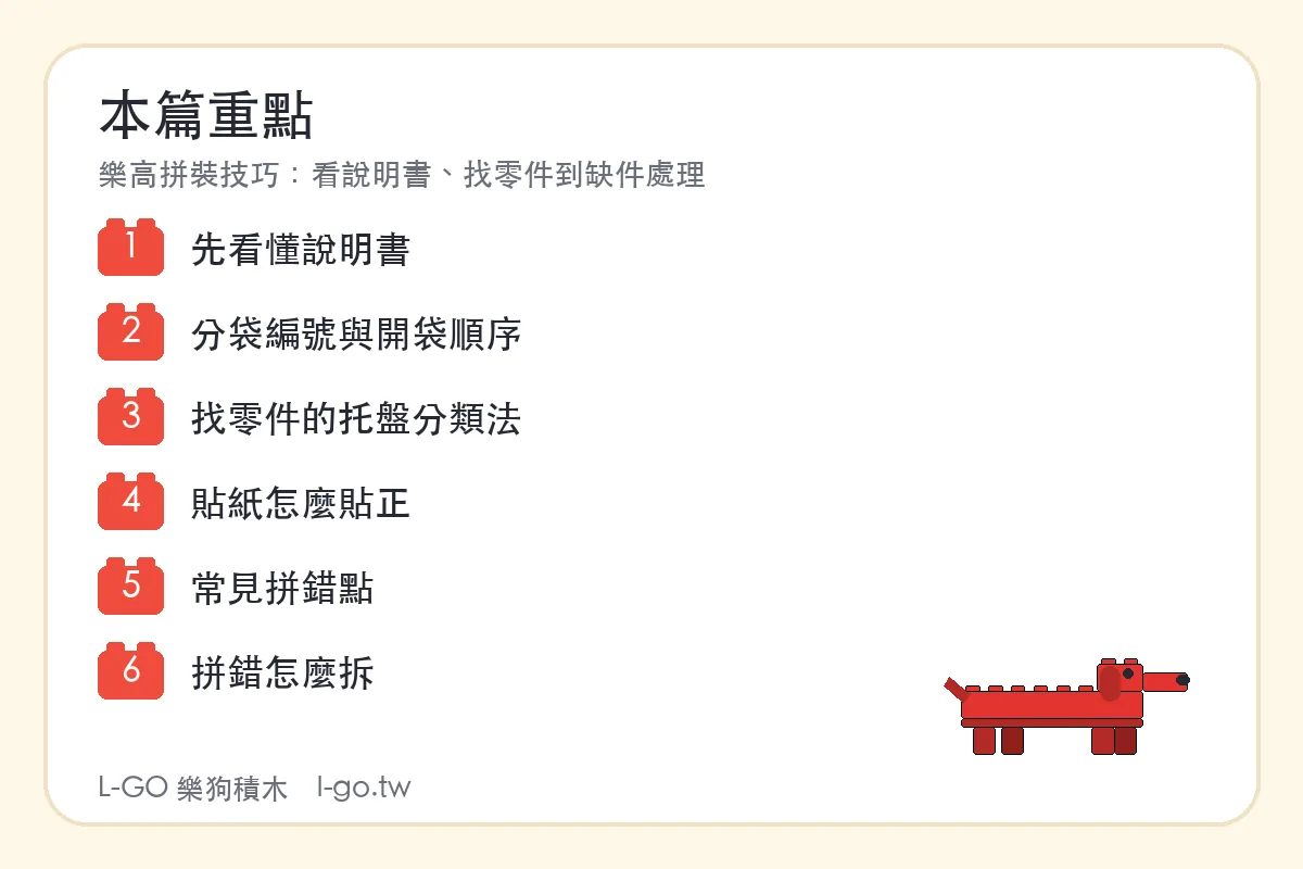 樂高拼裝技巧：看說明書、找零件到缺件處理 本篇重點